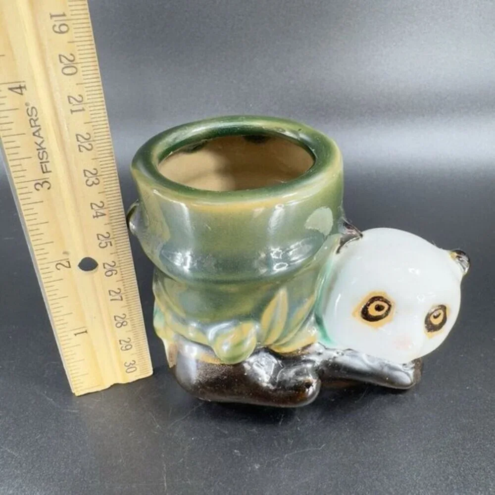 Vintage Majolica Style Ceramic Panda Bear With Bamboo Planter Small Vase Pottery